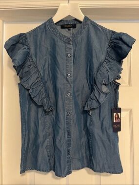 RACHEL Rachel Roy Blue Ruffle Sleeve Button-Front Blouse